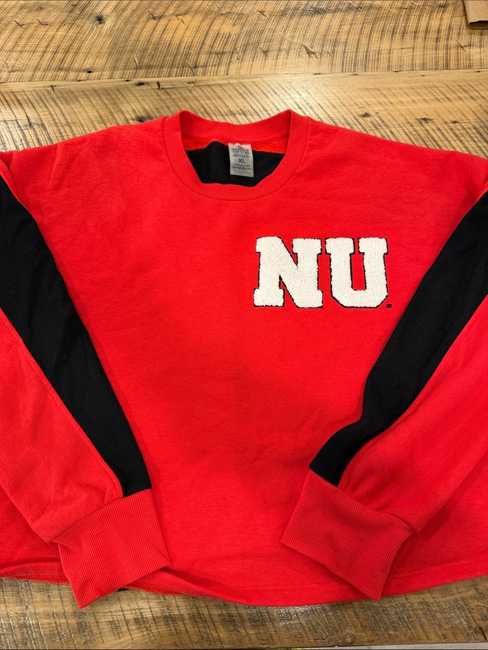Red Nebraska NU Cropped Crewneck Sweatshirt with Black Sleeve Accents